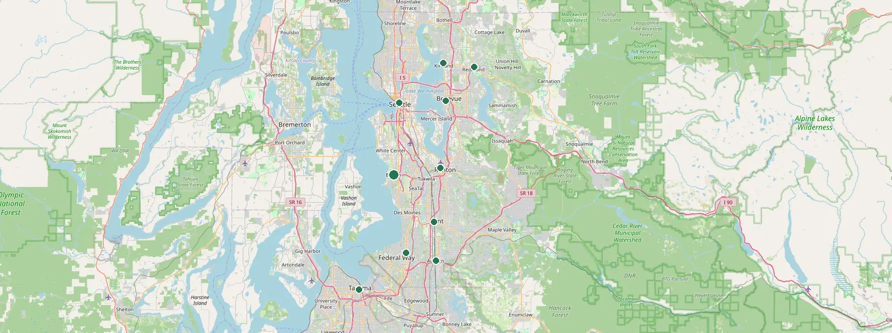 Map of the Seattle–Tacoma area with pins on the towns we serve